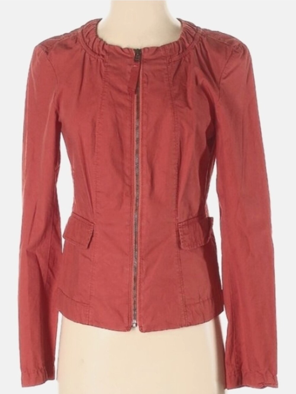 LOFT Orange Coral Red Peplum Utility Zipper Jacket Tailored Twill Ann Taylor XS